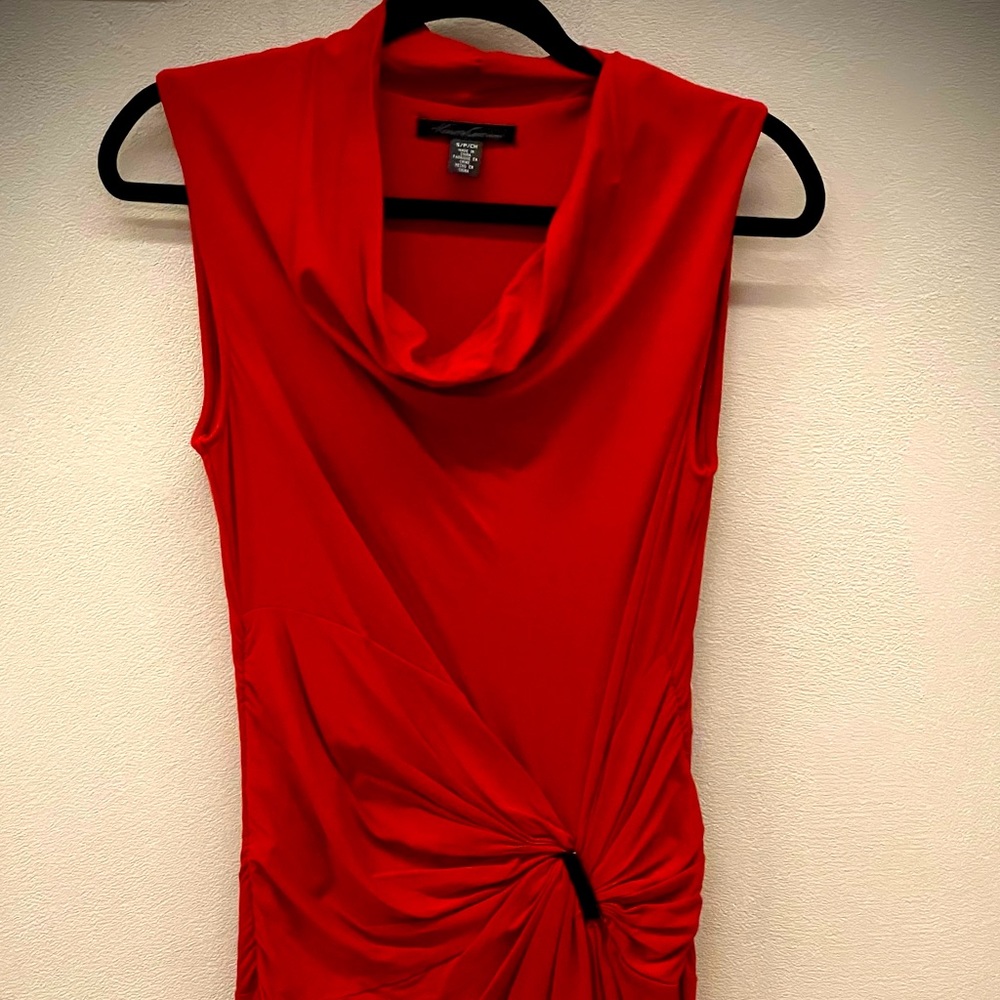 Kenneth Cole red, short dress with metallic detail on the front.Sleeveless, soft